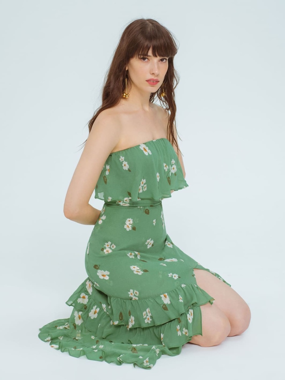 Reformation Indy Green Floral Strapless Midi Dress